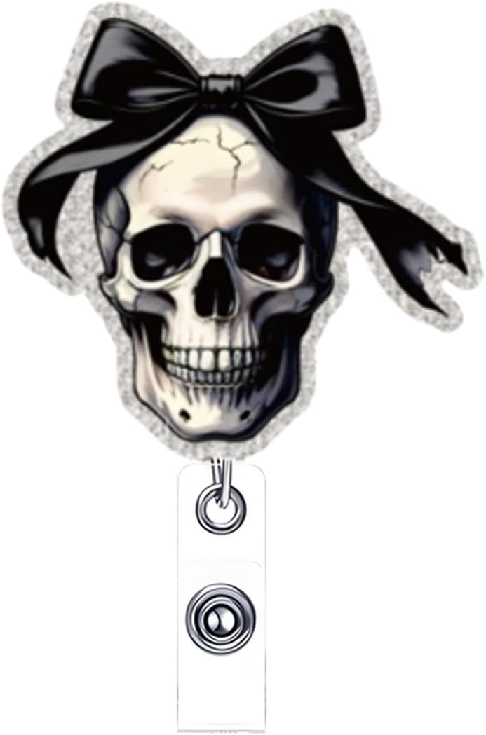 NSSHEL Halloween Skull Badge Reel Retractable for Nurse Nursing Student Medical Worker & Office Staff Acrylic Alligator Clip Badge Reel Halloween Skeleton with Bow ID Card Badge Holder Gifts - Image 1